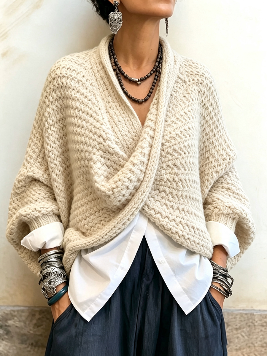 Western Cozy Relaxed Batwing Sleeves Crossover V-neck Sweater