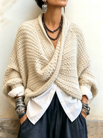 Western Cozy Relaxed Batwing Sleeves Crossover V-neck Sweater