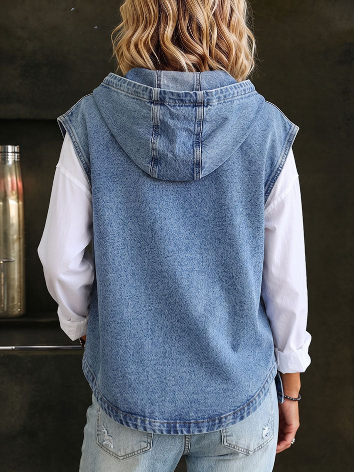 Casual Denim Hooded Vest Layered Streetwear Top