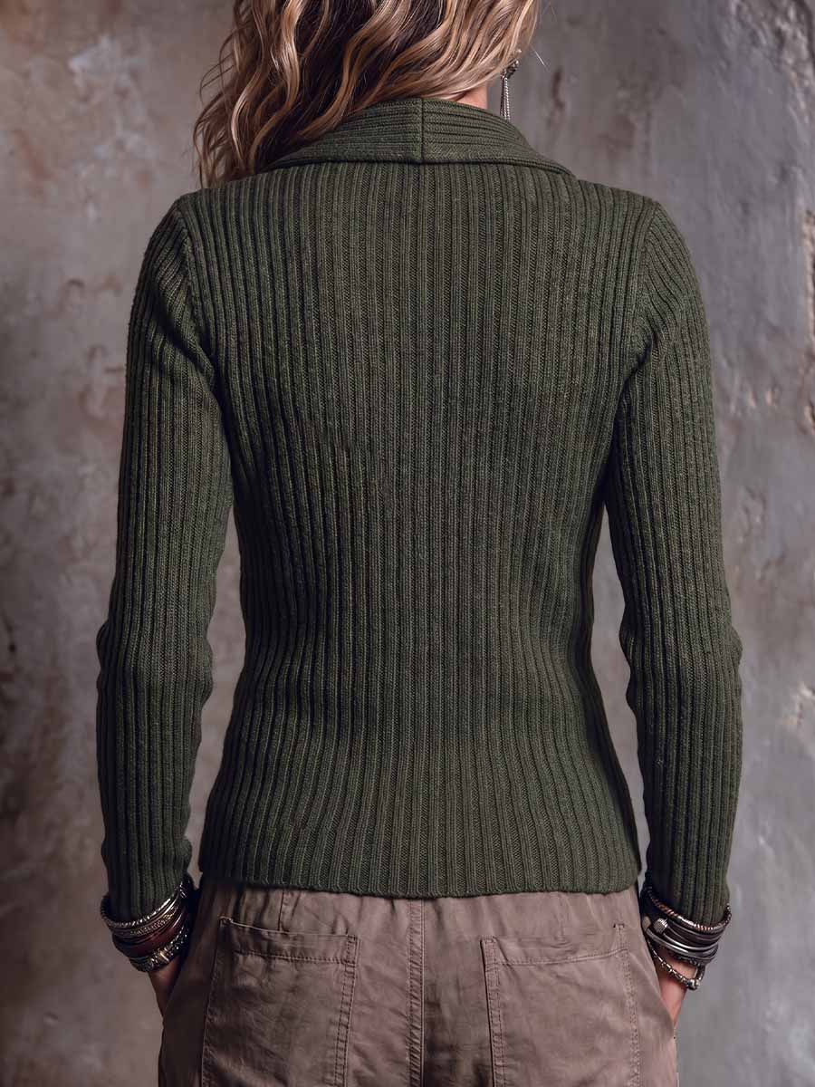 Women's Solid Color Collared Long Sleeve Casual Loose Knit Top