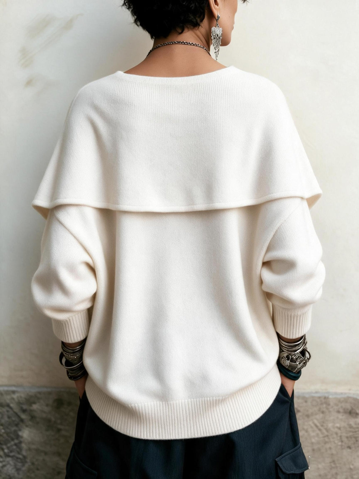 Elegant Layered Shawl Collar Knit Pullover