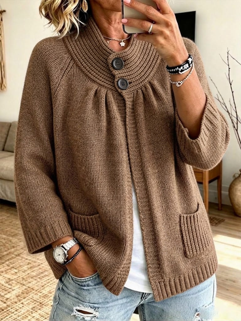 Chic Chunky-knit Cardigan With A Stand-up Collar