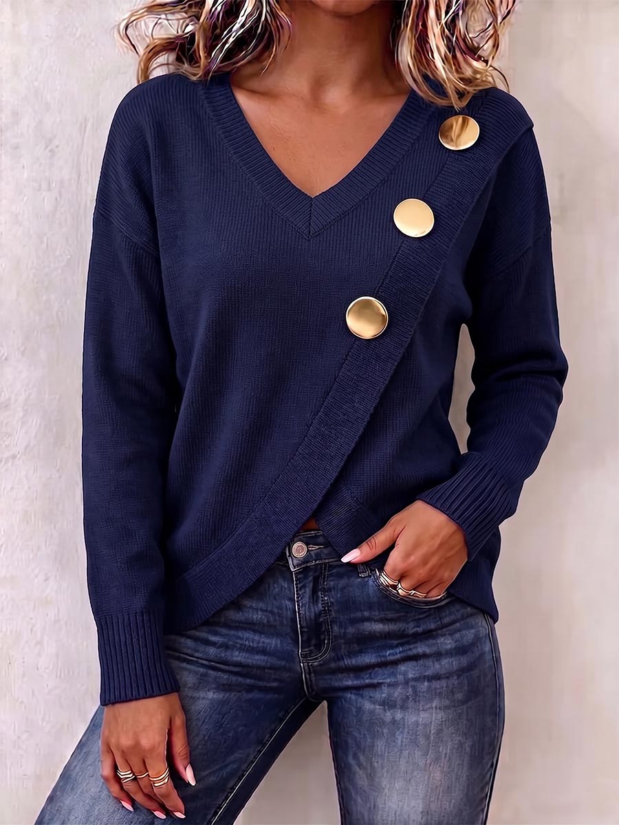 Women's Solid Color V-neck Long-sleeved Casual Loose Pullover Sweater