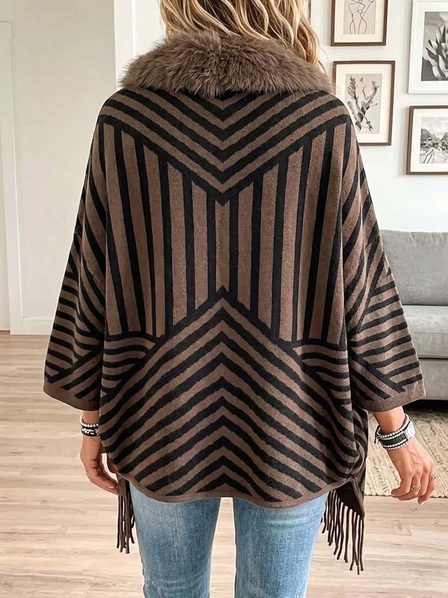 Women's Striped Printed Long-sleeved Casual Loose-fitting Fringed Mink Fur Patchwork Knit Cardigan