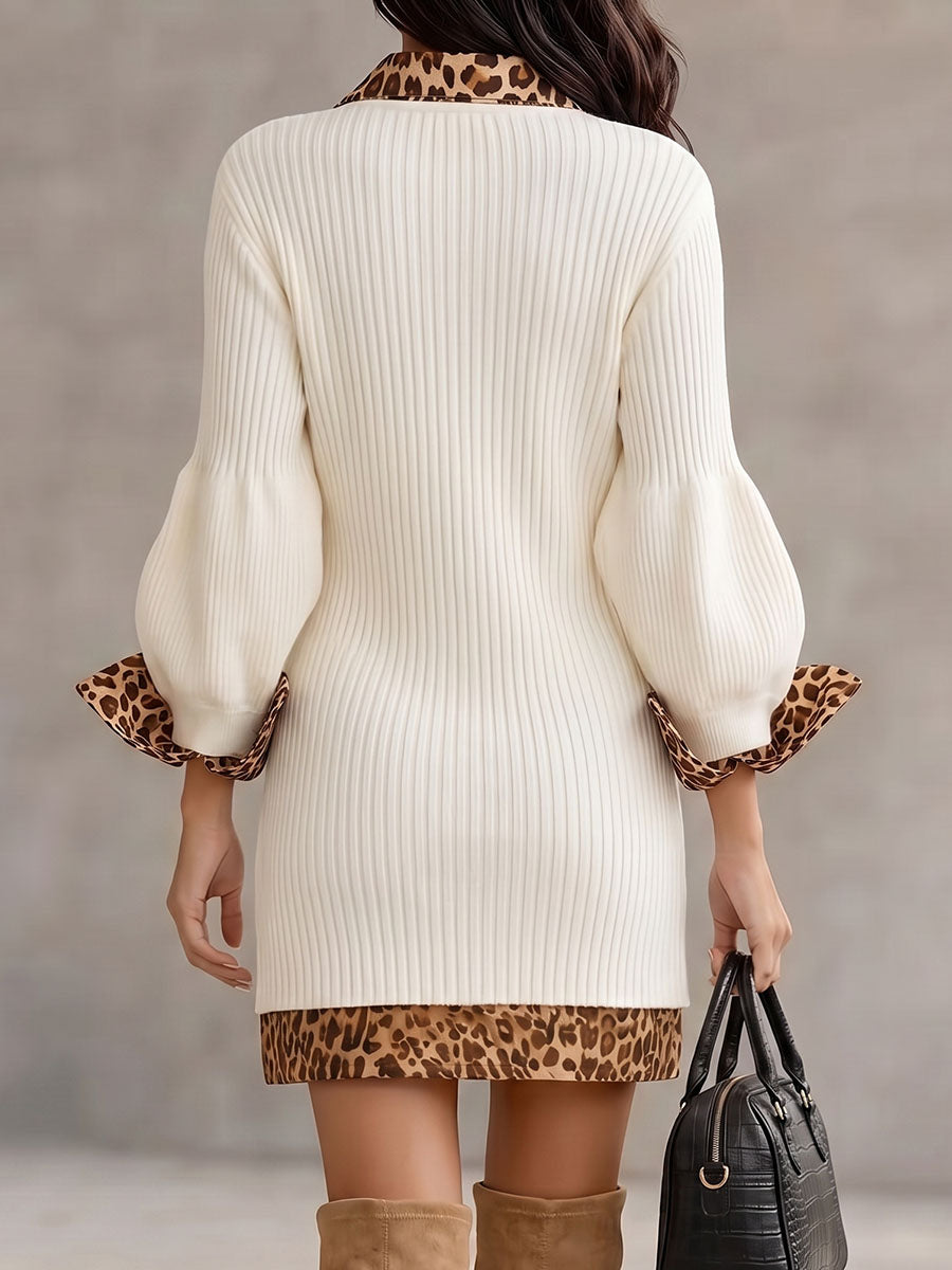 Women's V-neck Long-sleeved Casual Loose Leopard Print Patchwork Knit Dress
