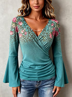 Bohemian Floral Leopard Stretchy Flared Sleeve Blouse