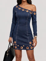 Women's One-shoulder Neckline Long-sleeved Round Metal Cutout Casual Slim-fit Denim Dress