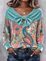 Bohemian Floral Print Top with Velvet Bow Neckline