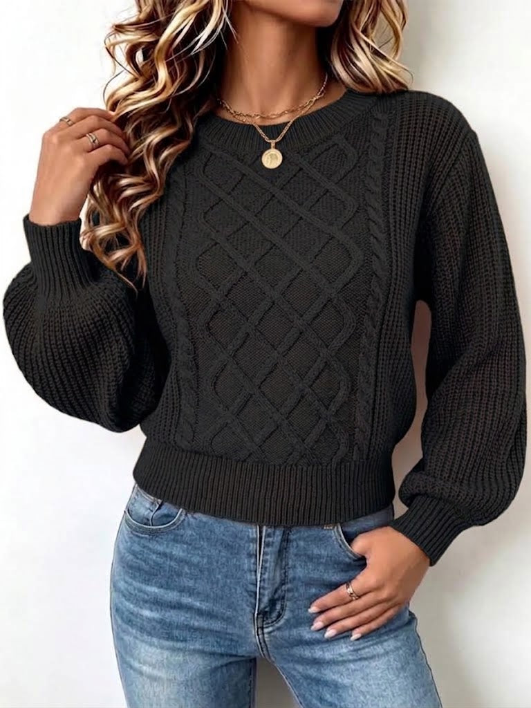 V-neck Argyle Cable-knit Lantern-sleeve Loose Pullover