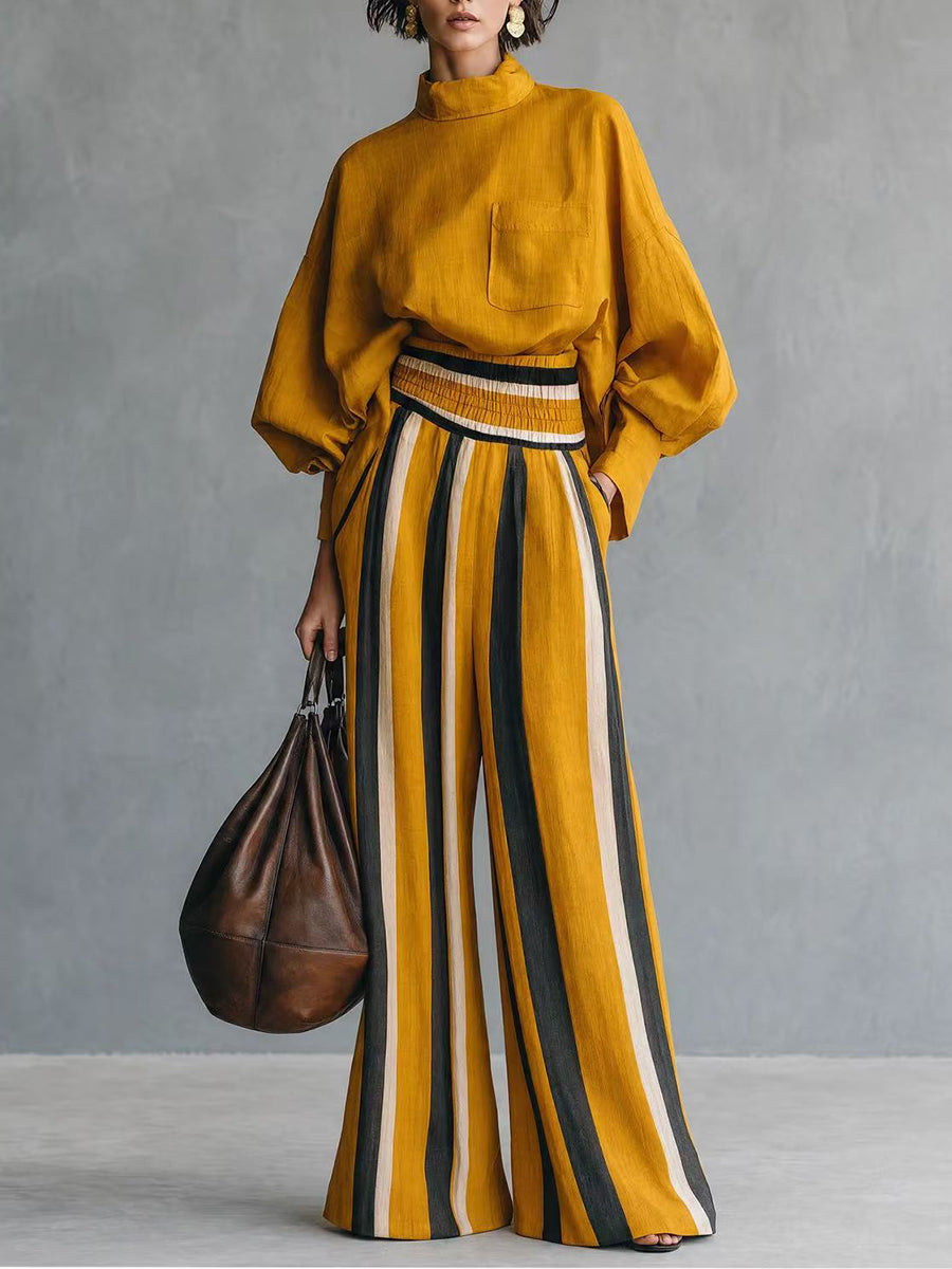 Stylish Casual Two-piece Set Featuring A Linen-cotton Blend Top And Striped Wide-leg Trousers.