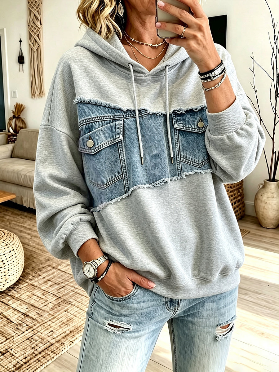 Loose-fit Casual Paneled Denim-style Hooded Sweatshirt