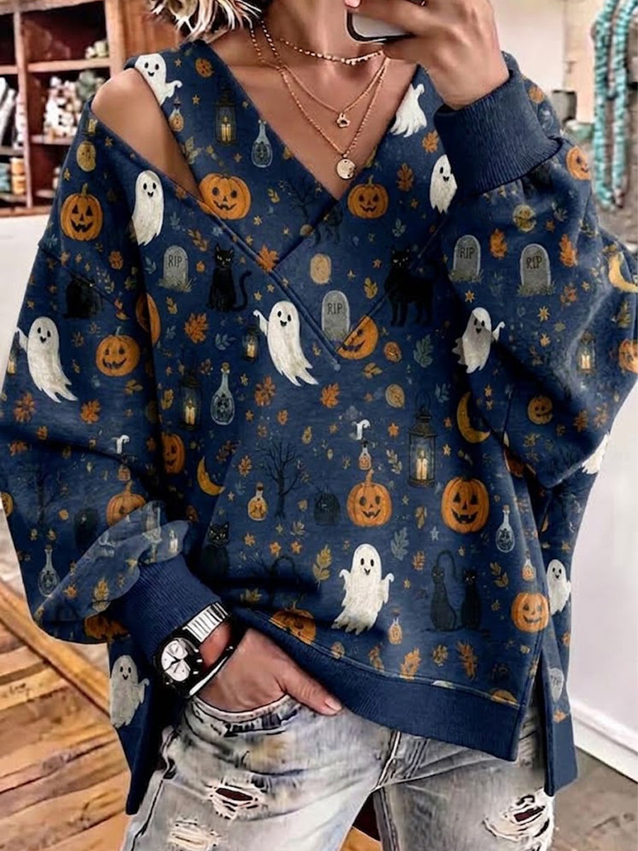 Halloween Ghost And Pumpkin All-over Print V-neck Off-shoulder Sweatshirt