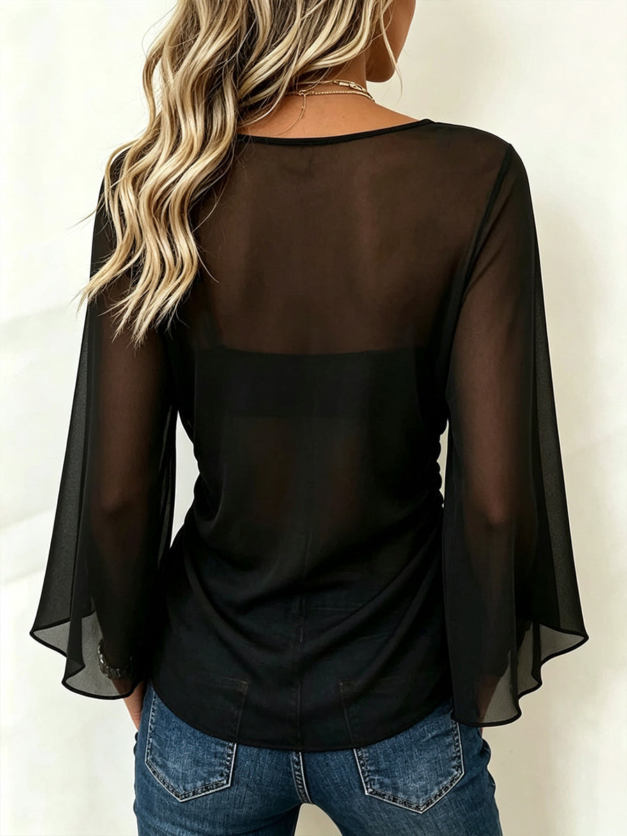 Chic Ring-Accented Sheer Sleeve V-Neck Top