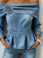 Vintage Rose Off-Shoulder Denim Peplum Top