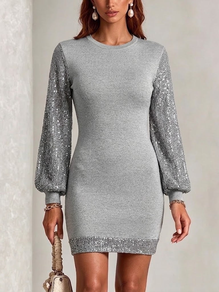 Sequin-paneled Round-neck Knit Dress