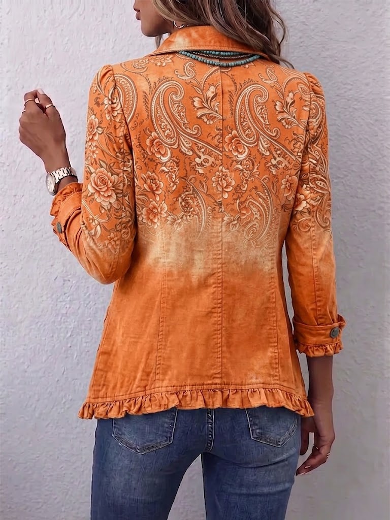 Retro Orange-toned Paisley Floral Jacket With Lettuce-edge Collar