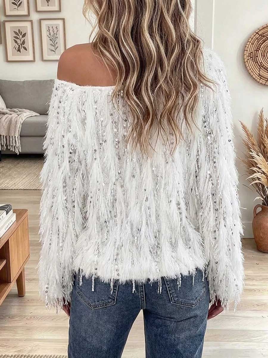 Women's One-Shoulder Fluffy Sequin Embellished Sweater
