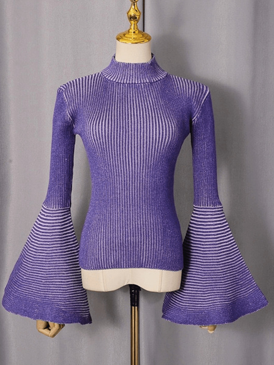 Elegant Striped Ribbed Bell-Sleeve Top