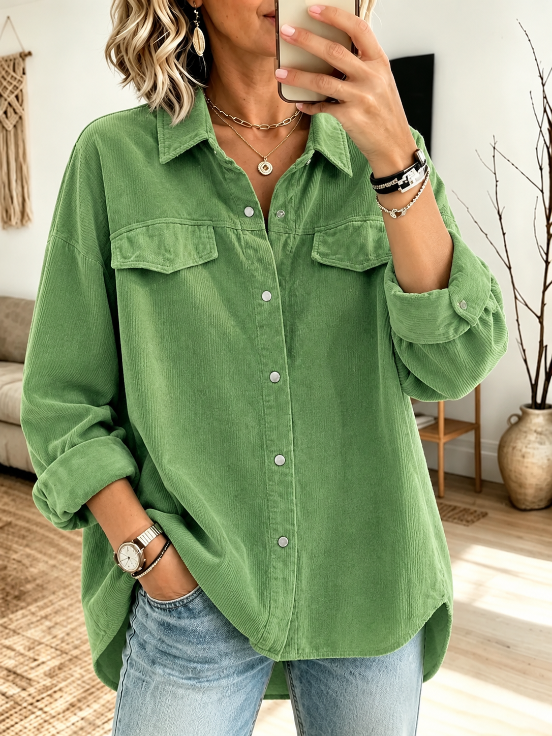 Casual Loose-fit Green Corduroy Shirt