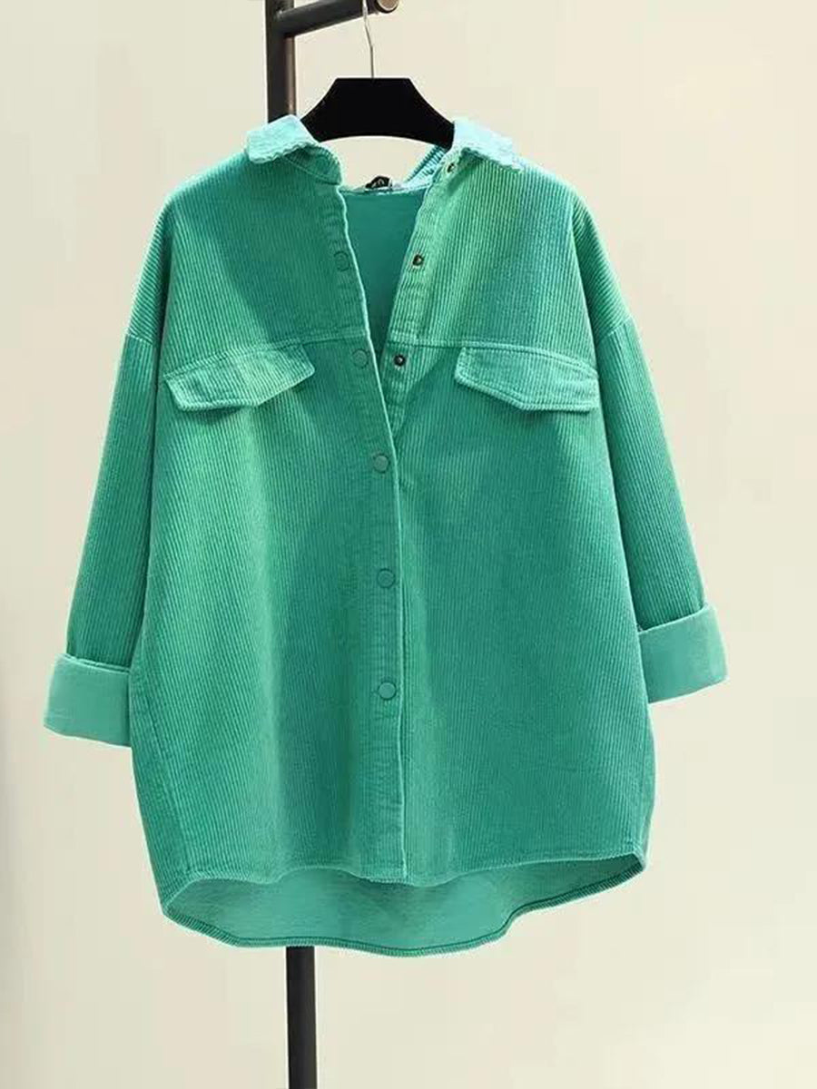Casual Loose-fit Green Corduroy Shirt