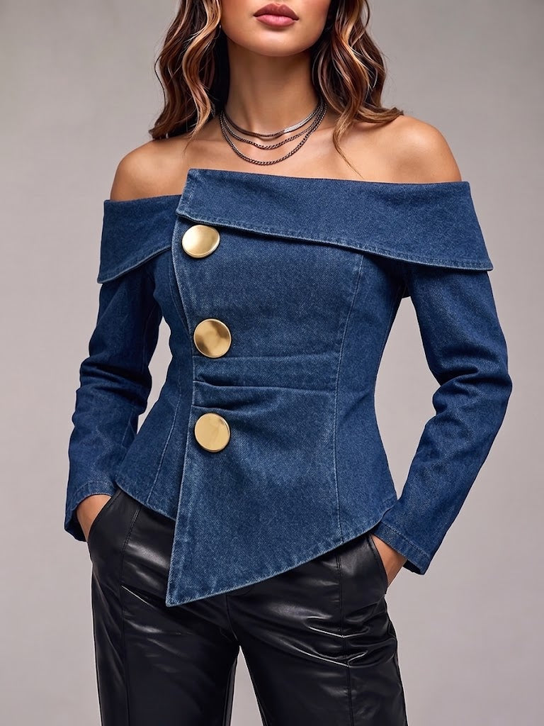 Stylish Off-the-shoulder Denim Shirt