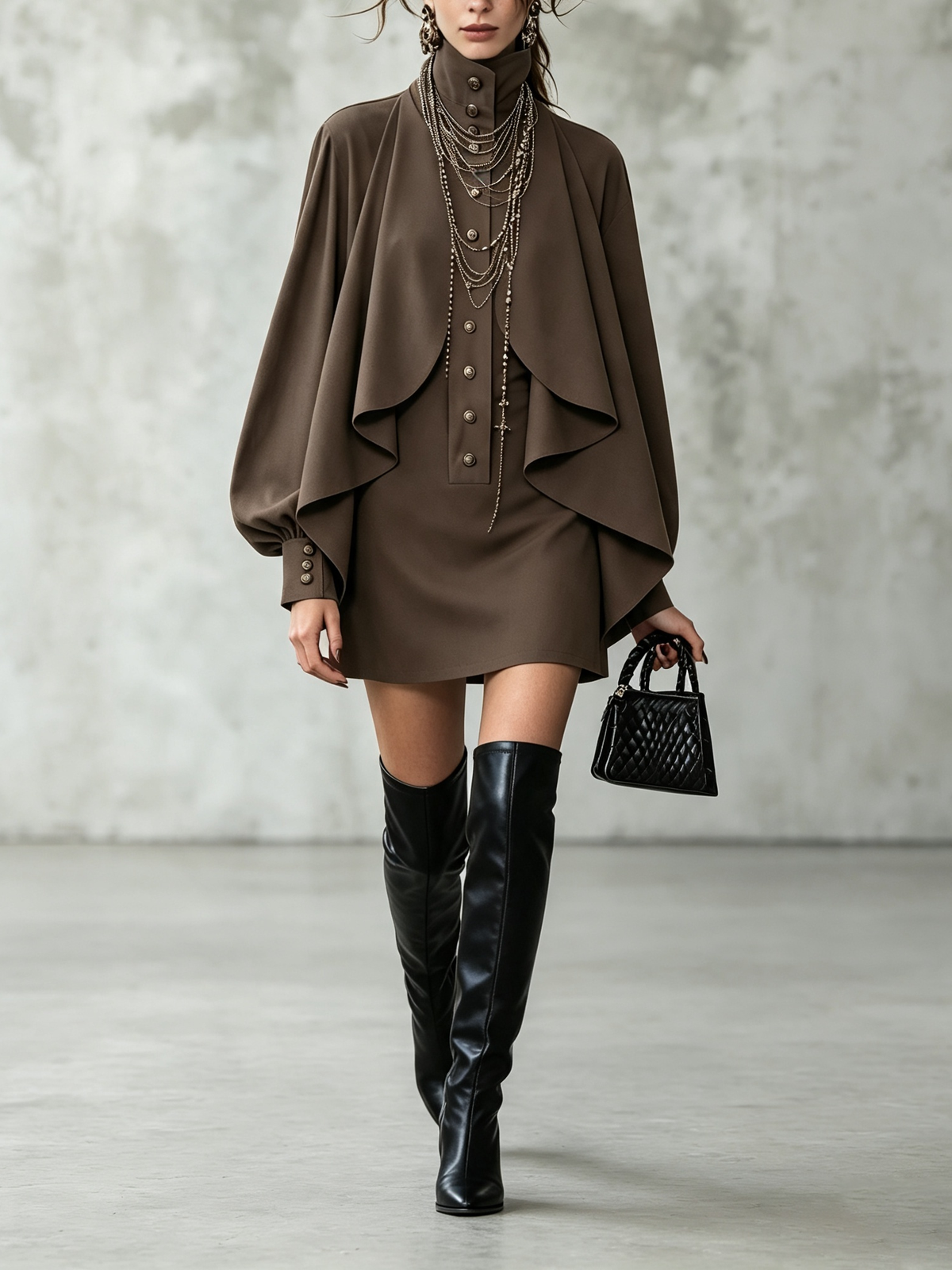 Elegant Stand-up Collar Cape Mini Dress
