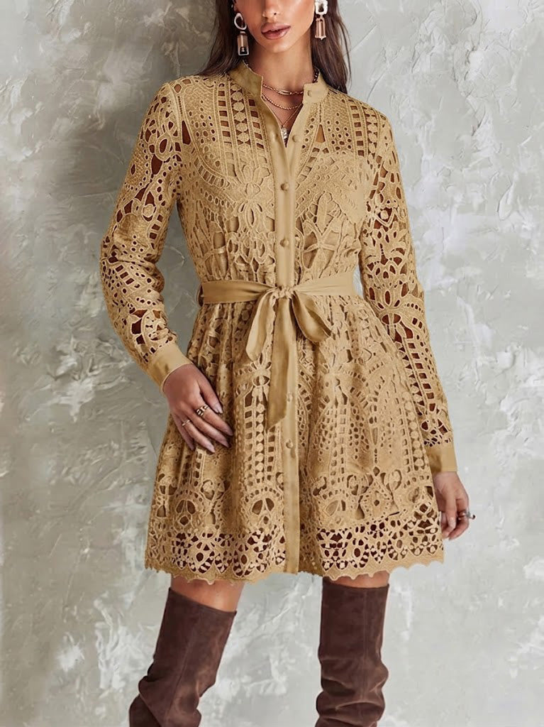 Stand Collar Full Button Hollow Water-soluble Lace Waist Tie Mini Shirt Dress