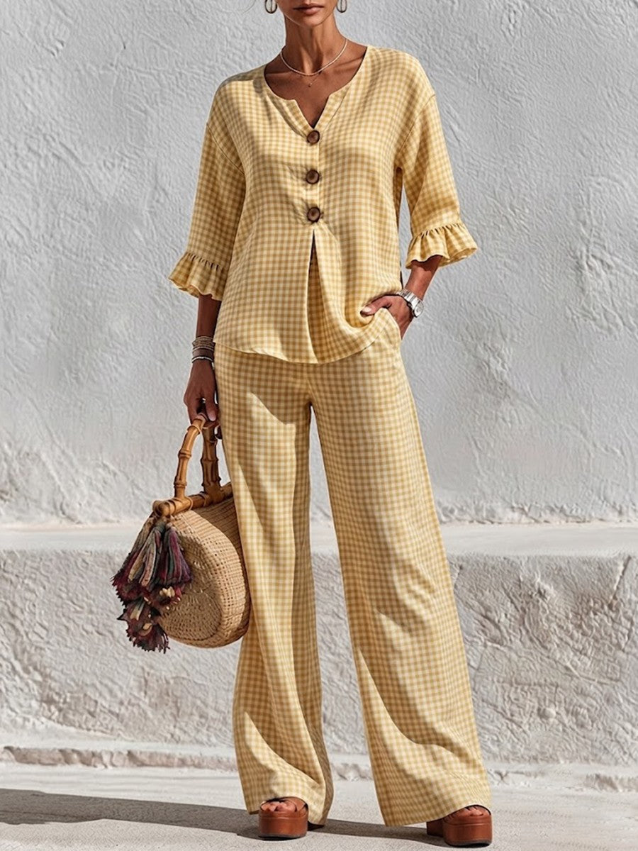 Two-piece Set Featuring A Plaid V-neck Top With Wooden Buttons And Ruffled Three-quarter Sleeves, Paired With Wide-leg Trousers