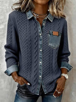 Women's Cable Knit Denim Patchwork Button-down Sweater