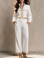 Women's Stand Collar Long Sleeve Casual Loose Beaded Top And High Waist Wide Leg Pants Beaded Set