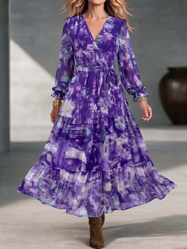 V-neck Wrap-style Watercolor-print Maxi Dress With Ruffled Long Sleeves And A Voluminous Skirt