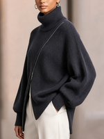 Asymmetric Zip-front Turtleneck Knit Sweater