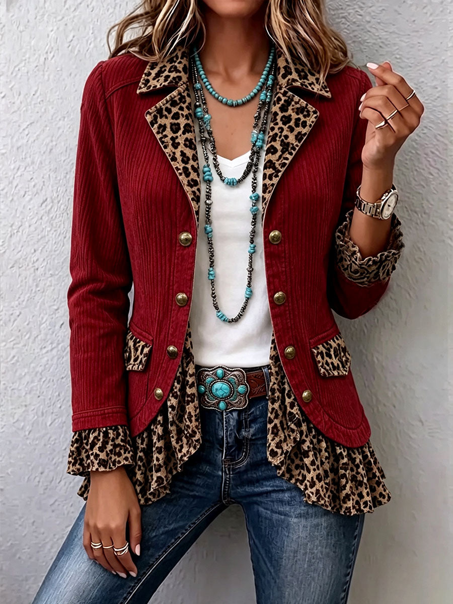 Chic Western Leopard Corduroy Ruffles Jacket