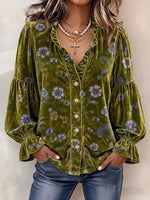 Women's V-neck Long-sleeve Casual Loose Vintage Floral Velvet Cardigan Top