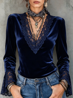 Elegant Lace Trim Velvet Flare Sleeve Top