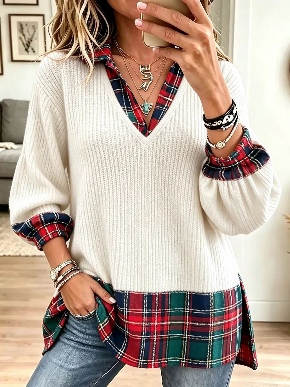 Christmas-themed Casual Plaid-paneled Ribbed Knit Top