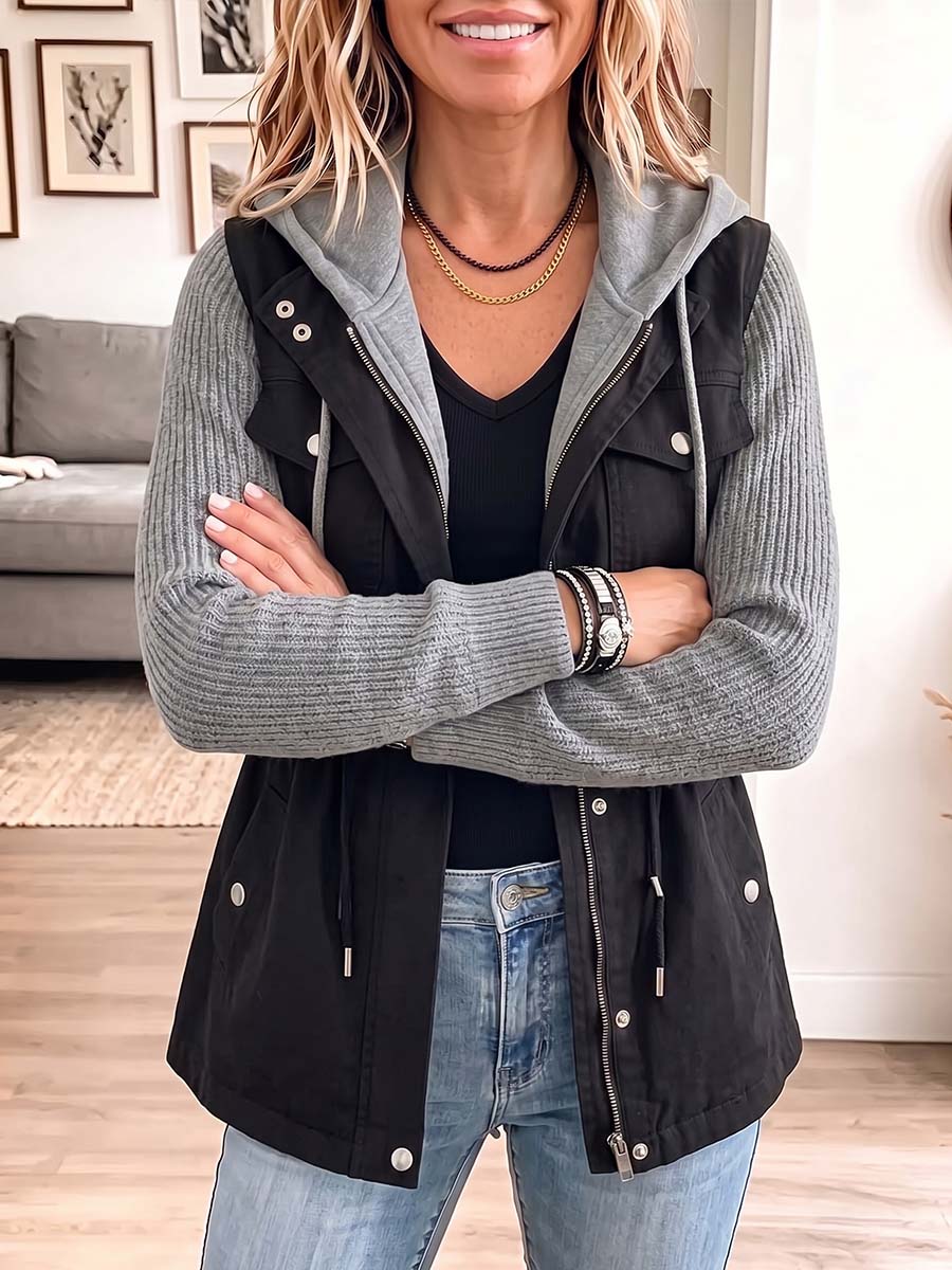Women's Color-block Lapel Long-sleeve Casual Loose Faux-layered Knit Jacket