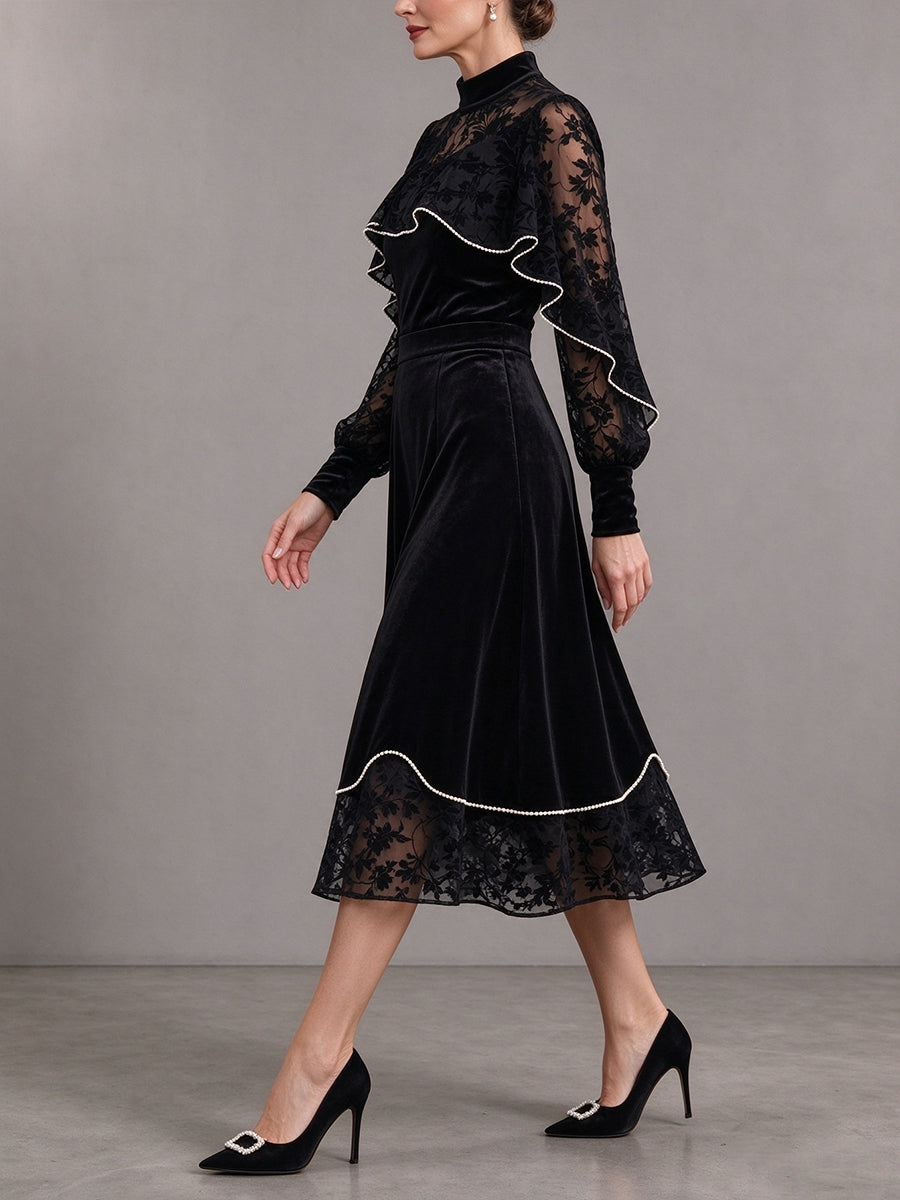 Chic Mock-Neck Velvet & Sheer Velvet Midi Dress