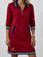 Casual Half-zip Color-block Collar Cotton Knit Mini Dress