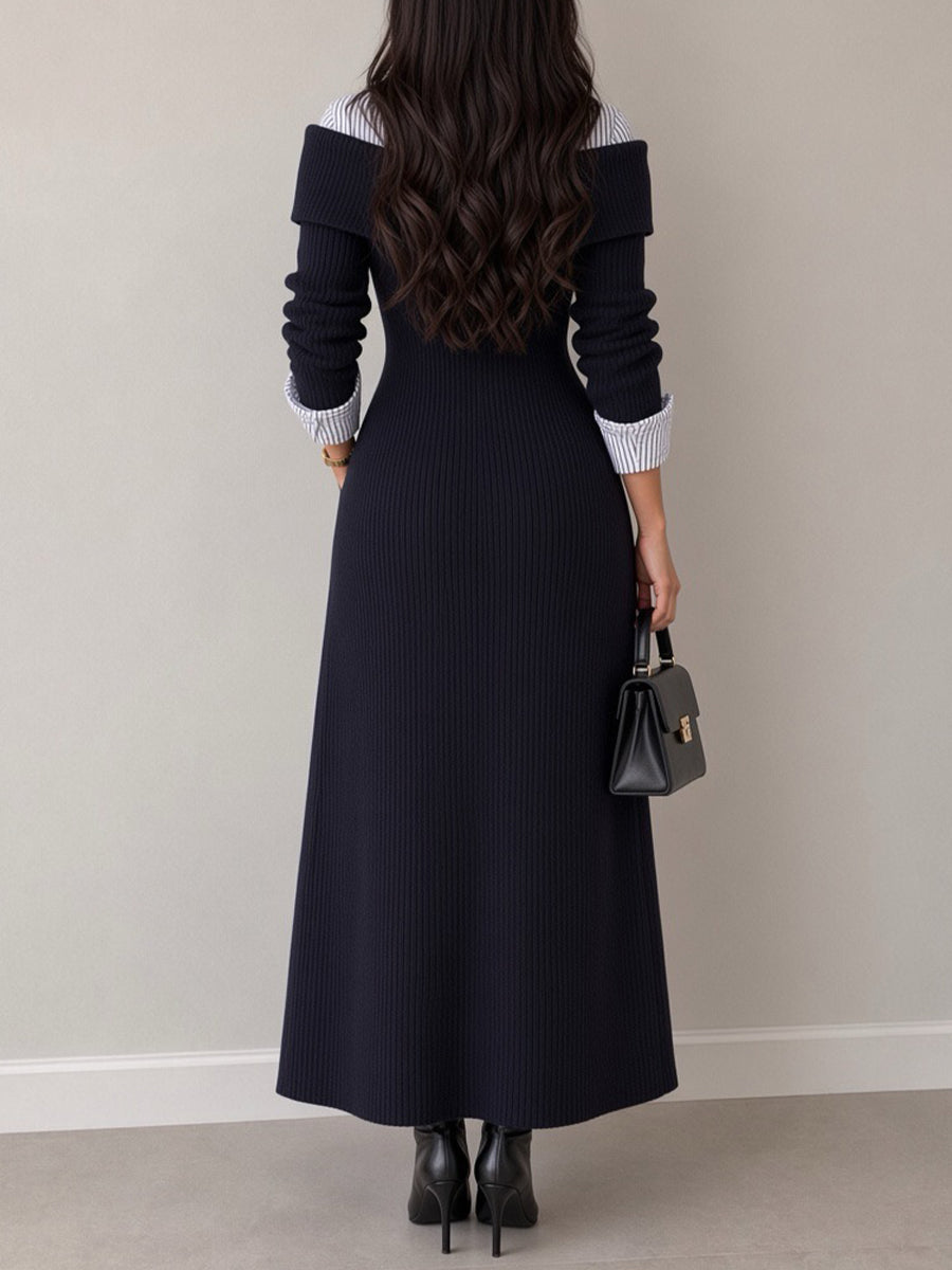 Chic Striped-sleeve Colorblock Knit Dress