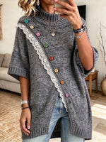 Chic Long-line Knit Top With Lace Trim And Multi-button Detailing (multicolor)