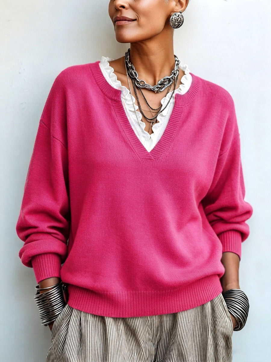 Chic Elegant False Two-piece Lace-trim Sweater F