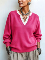 Chic Elegant False Two-piece Lace-trim Sweater F