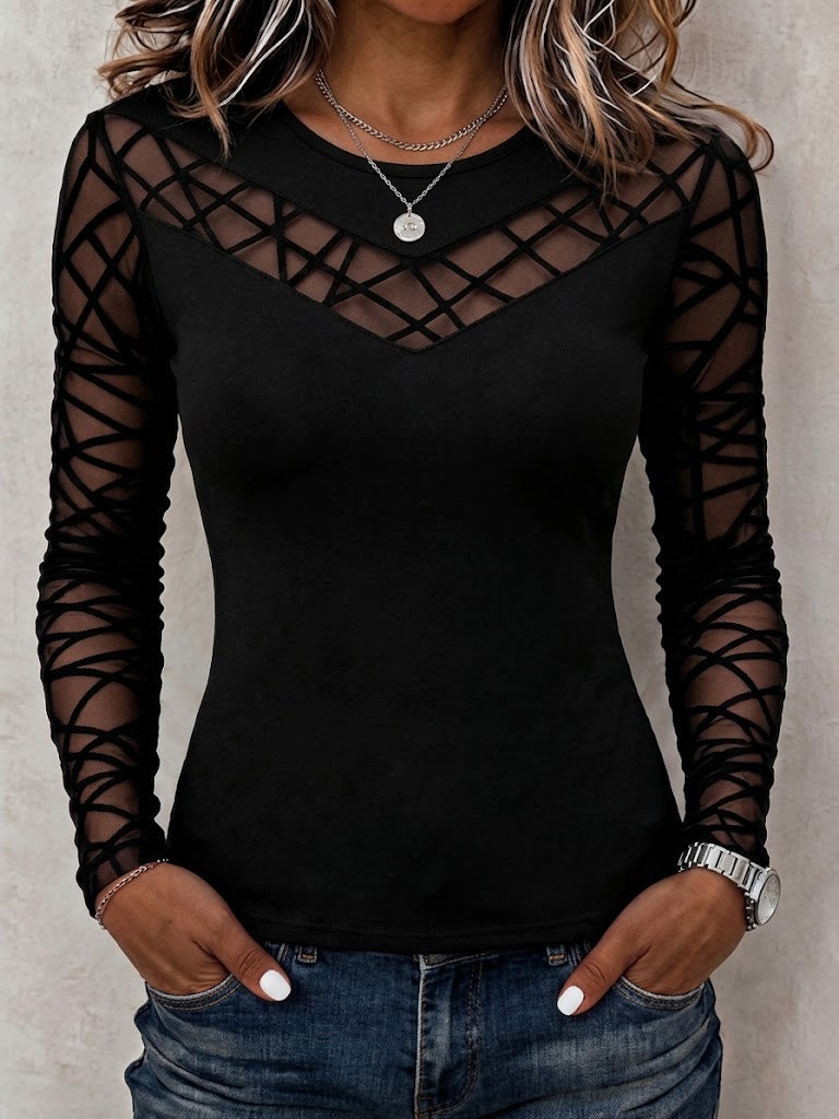 Crew Neck Chest Cutout Deep V Fitted Ribbed Long Sleeve Knit Top