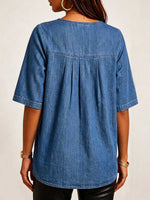 Women's Round Neck Geometric Cutout Design 3/4 Sleeve Casual Loose Denim Top