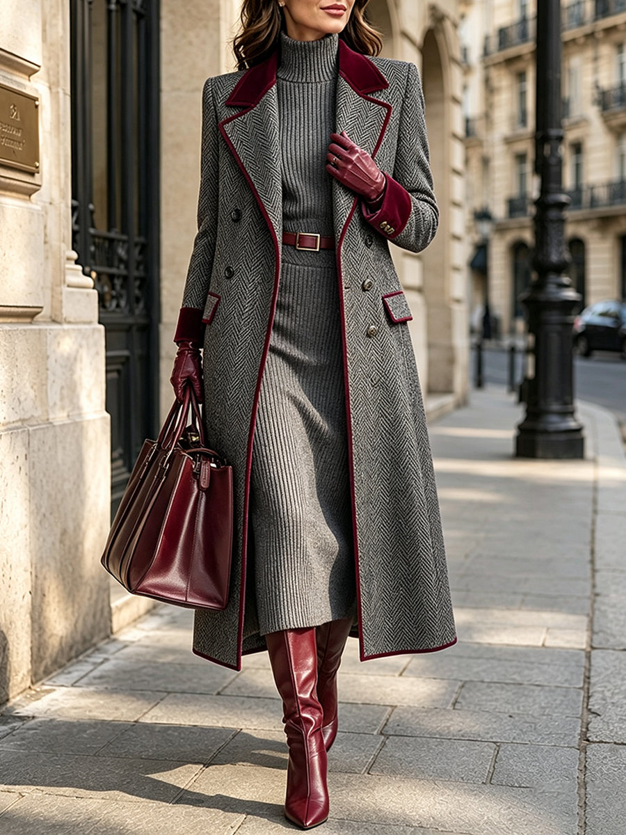 Elegant Herringbone Wool-blend Long Coat