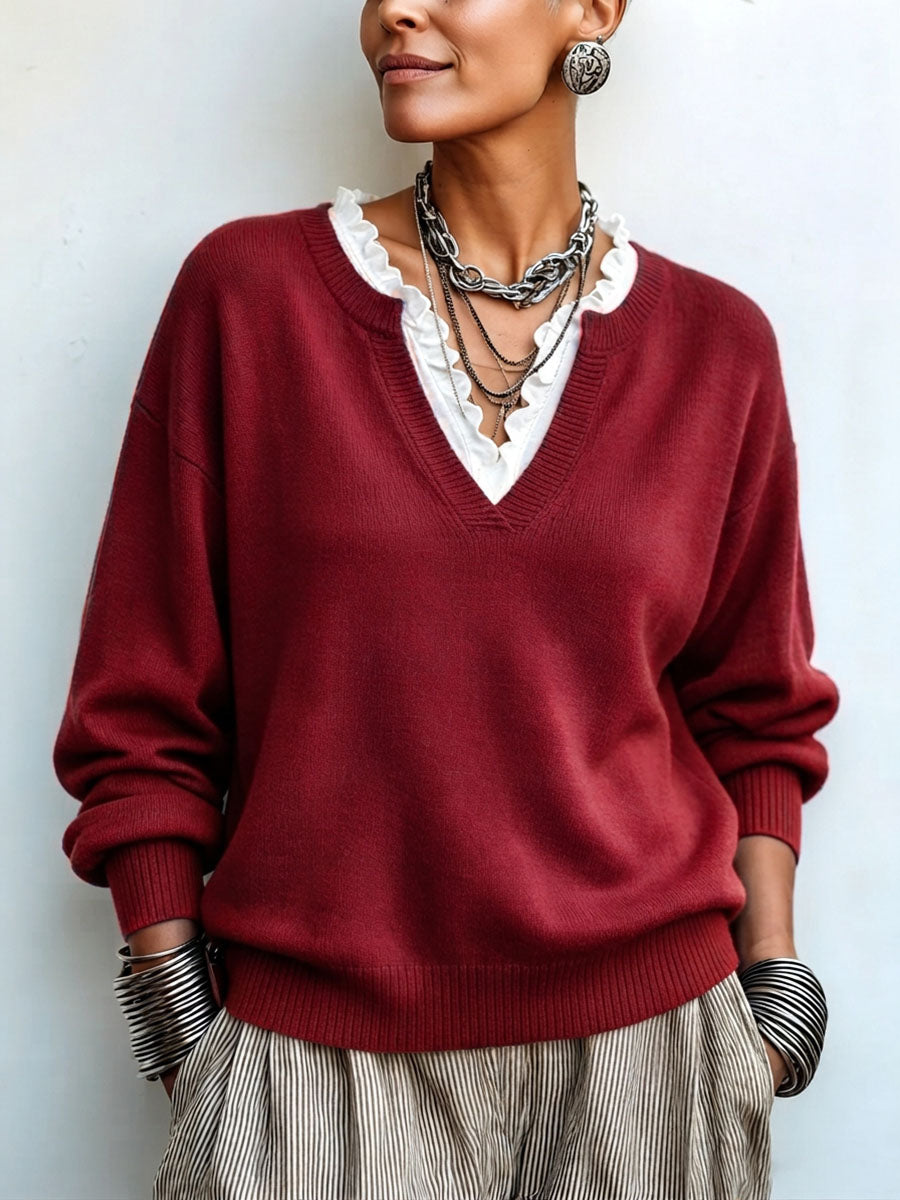 Chic Elegant False Two-piece Lace-trim Sweater F