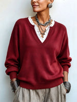 Chic Elegant False Two-piece Lace-trim Sweater F
