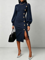Cozy Turtleneck Knit Midi Dress With Button Detail