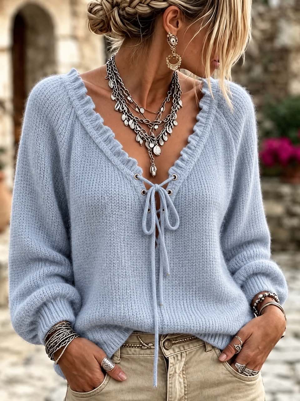 Chic Ruffle-collar V-neck Sweater With Tie Detail